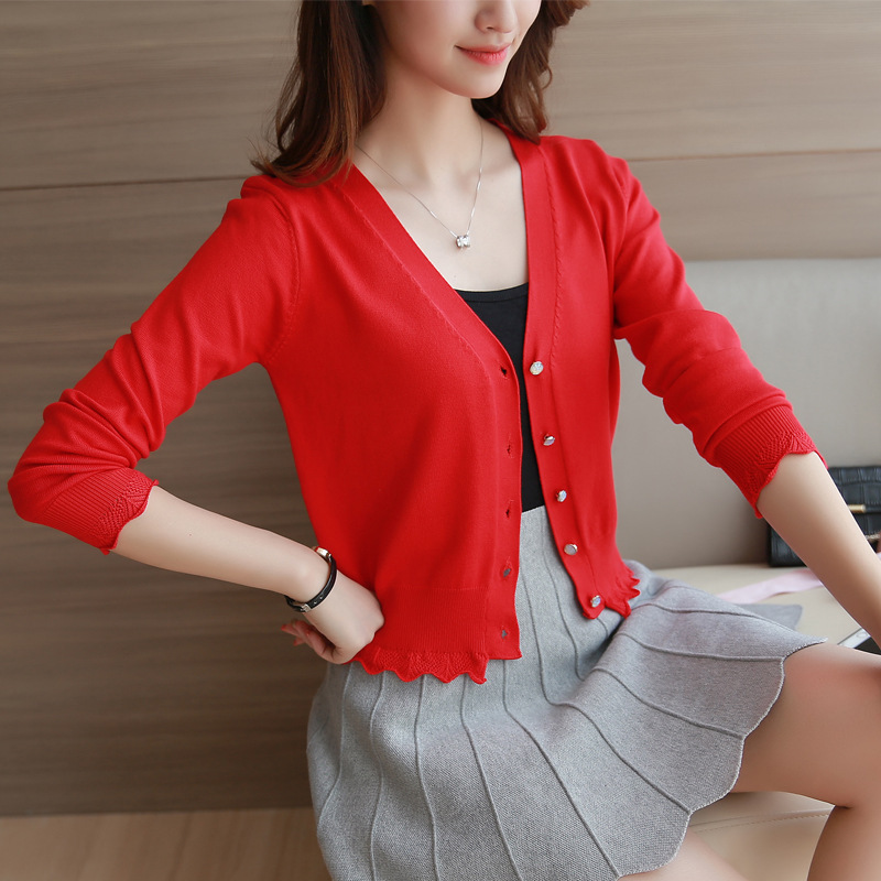Autumn New Knitwear Women's Korean Style Slim-fit High Waist Short Women's Cardigan Long Sleeve Lace Thin Sweater Small Coat
