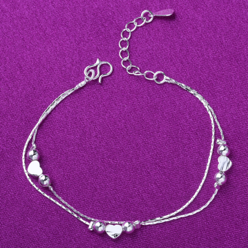 Korean Style Fashionable Heart Peach Heart Double-Layer Silver Anklet Women's Style Simulated Silver Jewelry Round Bead Heart-Shaped Bracelet