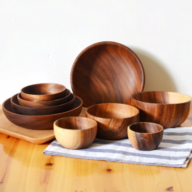 Japanese-style retro wooden bowl Thailand Acacia wooden bowl round salad bowl large Bowl wholesale