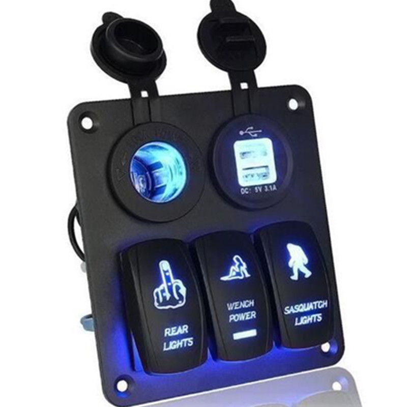 新款汽车游艇5脚 ON-OFF  船形开关双USB车载车充3.1A+点烟器