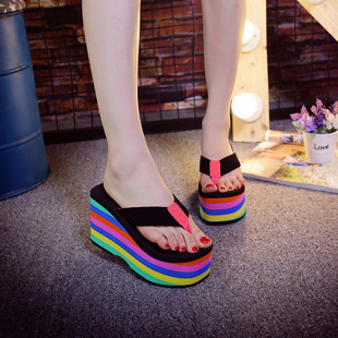 2023 Explosions Rainbow Herringbone Platform Slippers Women's Beach Slippers Summer Frosted with Super High Wedge Wholesale