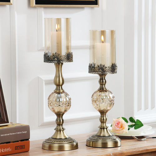 Classical European model house glass candlestick ornaments, metal candlesticks, American home living room candlelight decorations