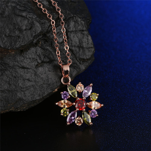 Kérastase Zircon Colorful Crystal Necklace Set: European & American-Style 7-Color Ice Flower Zircon Earrings and Necklace Two-Piece Set—Wholesale