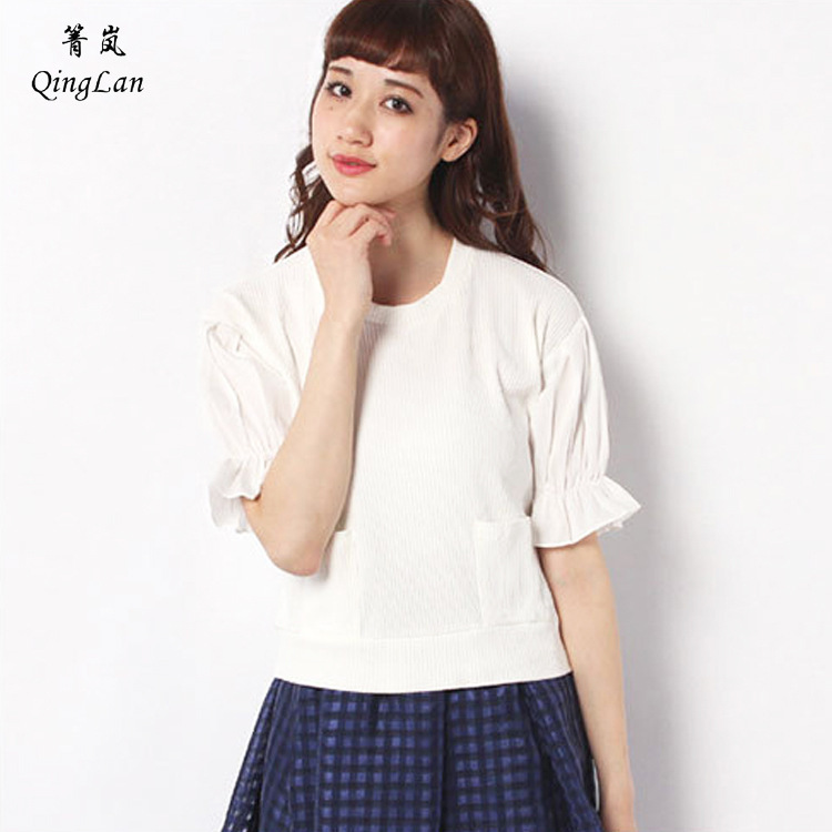 Spring and Summer New Style Mori Girl Sweet Casual Temperament Round Neck Ribbed Knit Lace Mid-Sleeve Top Women's Clothing Special Price Wholesale