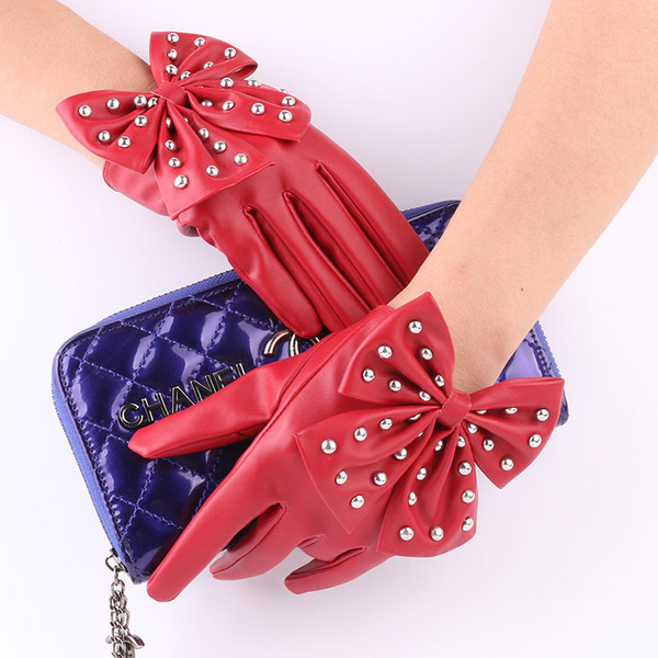 Fashionable polyurethane cute multicoloured gloves with bow