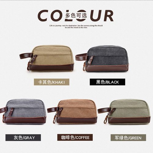 New men's clutch bag oil wax canvas toiletry bag retro men's bag clutch bag with leather wrist bag small bag