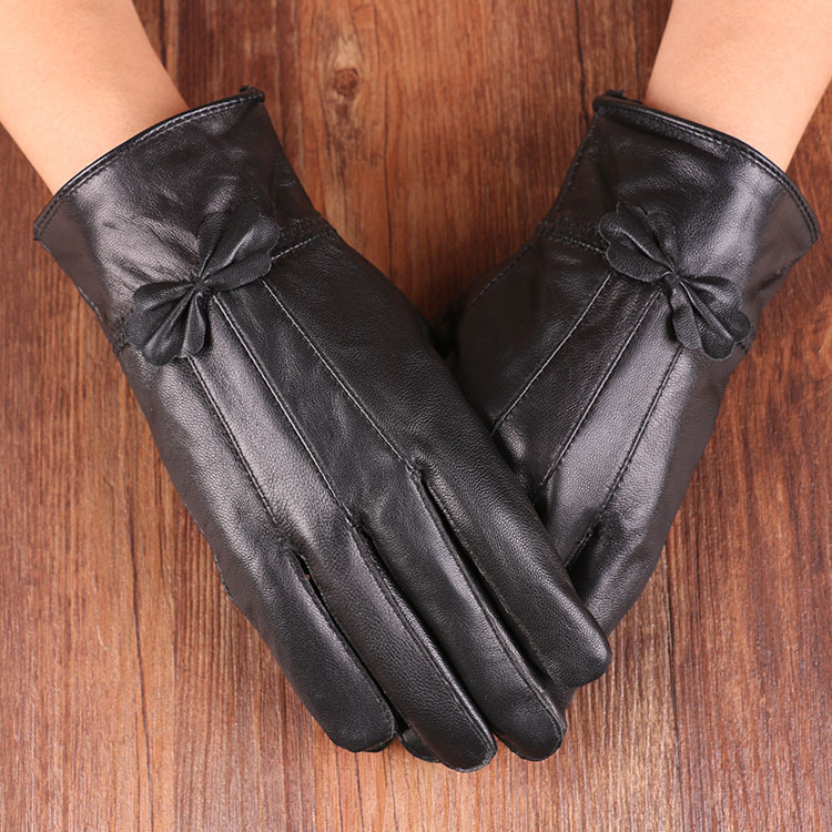 Nueva Primavera y guantes de arco de invierno forrados de lana engrosada montar caliente patchwork de piel de oveja de las mujeres guantes de pantalla táctil