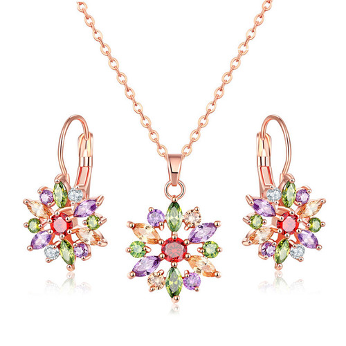 Kérastase Zircon Colorful Crystal Necklace Set: European & American-Style 7-Color Ice Flower Zircon Earrings and Necklace Two-Piece Set—Wholesale