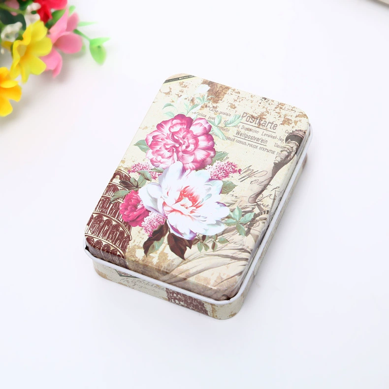 Rectangular metal tin storage box, postcard size, multiple designs, 9×6.5×2.4 cm