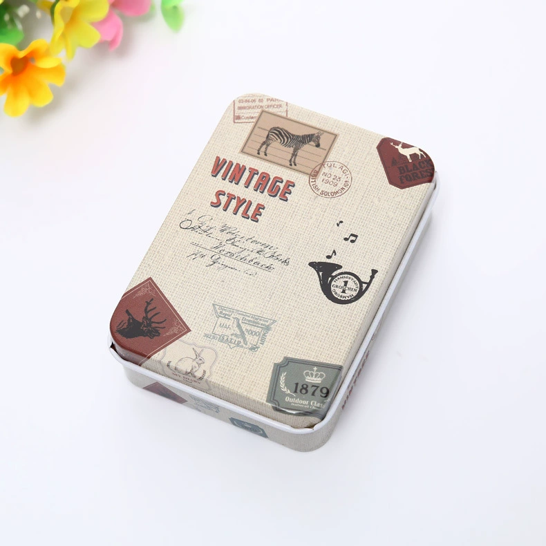 Rectangular metal tin storage box, postcard size, multiple designs, 9×6.5×2.4 cm