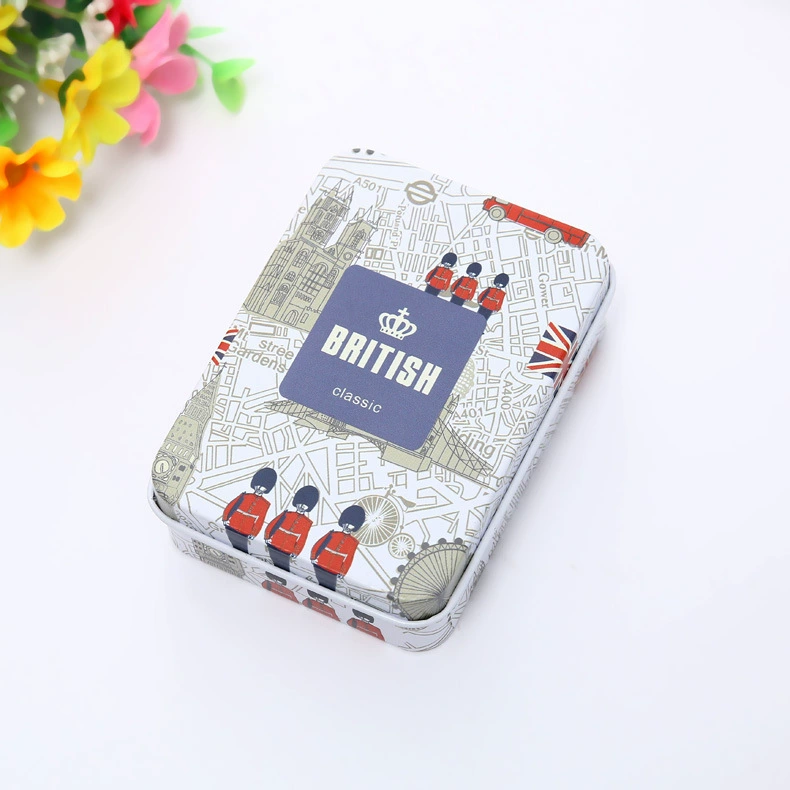 Rectangular metal tin storage box, postcard size, multiple designs, 9×6.5×2.4 cm