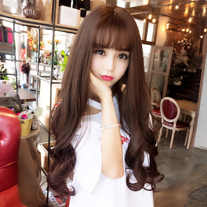 Rose net wig women's long curly hair air bangs corn perm long hair wholesale real long curly wig full head cover