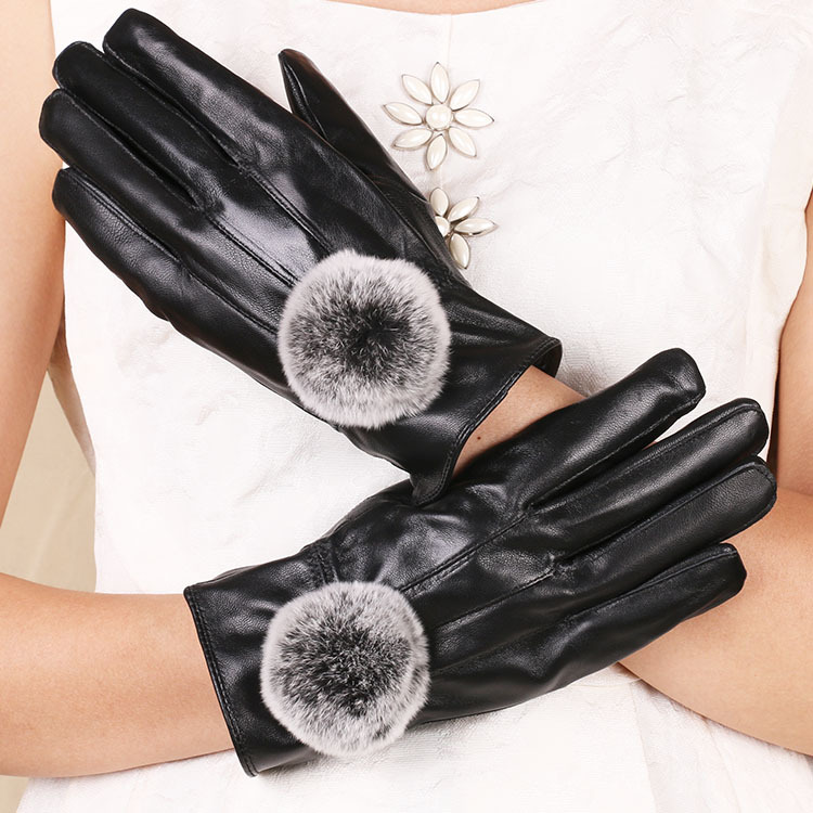 Nuevo otoño y el invierno de las mujeres de piel de oveja guantes forrados de lana caliente patchwork Rex conejo Bola de piel de conducción guantes de cuero