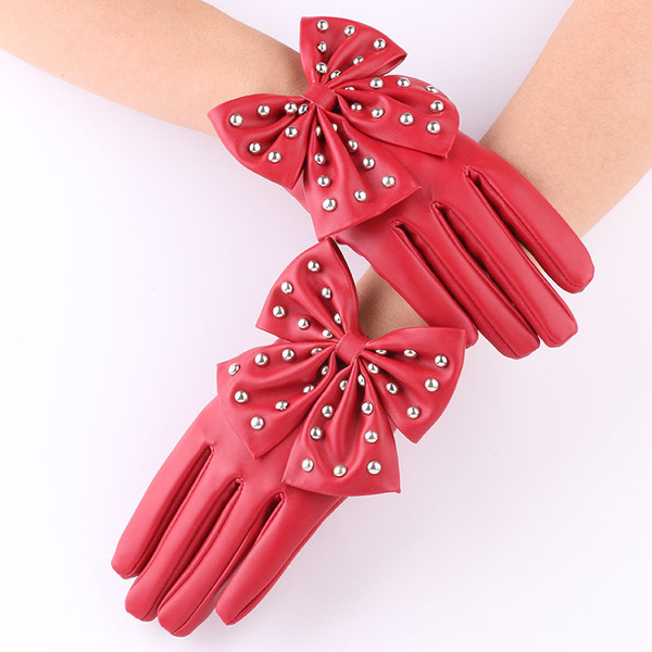 Fashionable polyurethane cute multicoloured gloves with bow