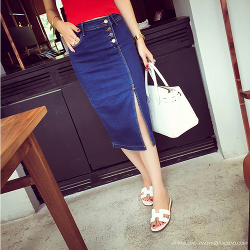 Women's Spring/Summer Elastic Waist Slimming Split Denim Midi Skirt with Solid Color Button Closure, European and American Style