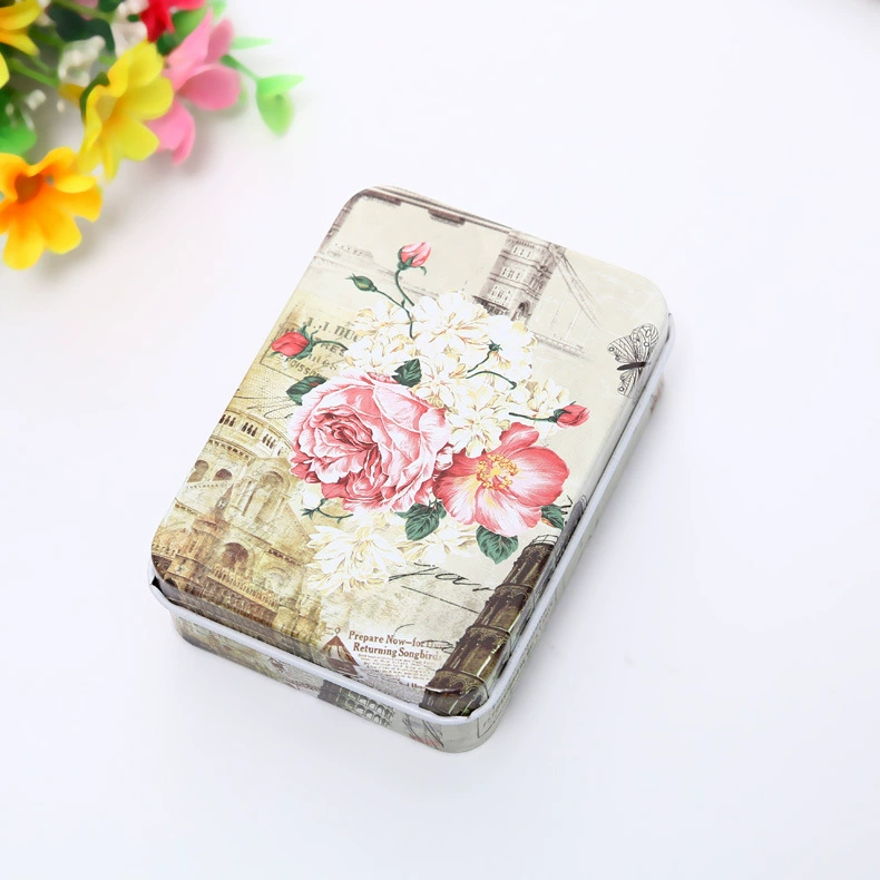 Rectangular metal tin storage box, postcard size, multiple designs, 9×6.5×2.4 cm