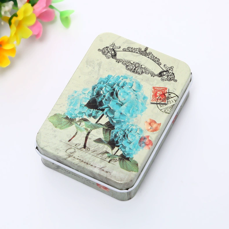 Rectangular metal tin storage box, postcard size, multiple designs, 9×6.5×2.4 cm