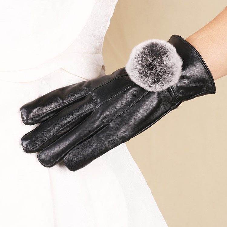 Nuevo otoño y el invierno de las mujeres de piel de oveja guantes forrados de lana caliente patchwork Rex conejo Bola de piel de conducción guantes de cuero