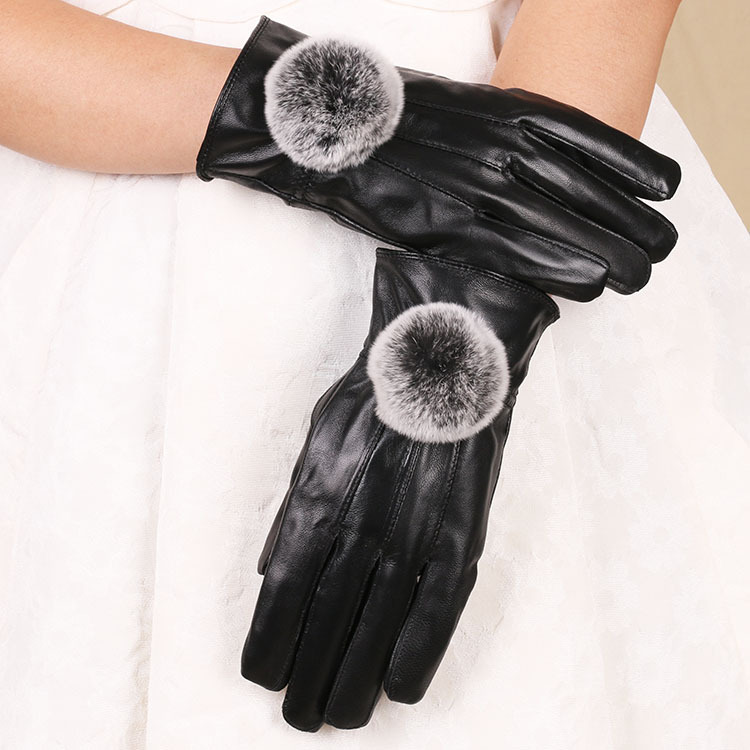 Nuevo otoño y el invierno de las mujeres de piel de oveja guantes forrados de lana caliente patchwork Rex conejo Bola de piel de conducción guantes de cuero