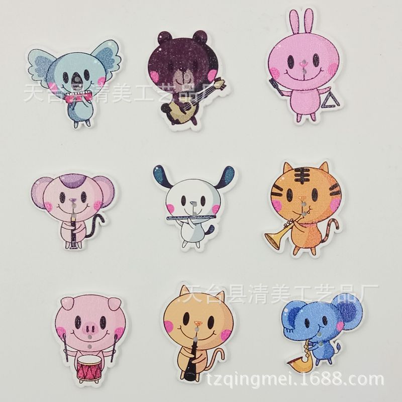 9 animales musicales de dibujos animados, una variedad de animales mixtos pintados sobre fondo blanco, 50 por paquete