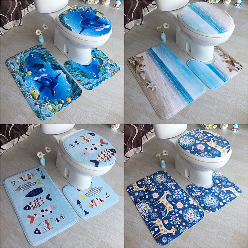 Flannel printed bathroom absorbent non-slip floor mat toilet mat three-piece bathroom floor mat home carpet door mat