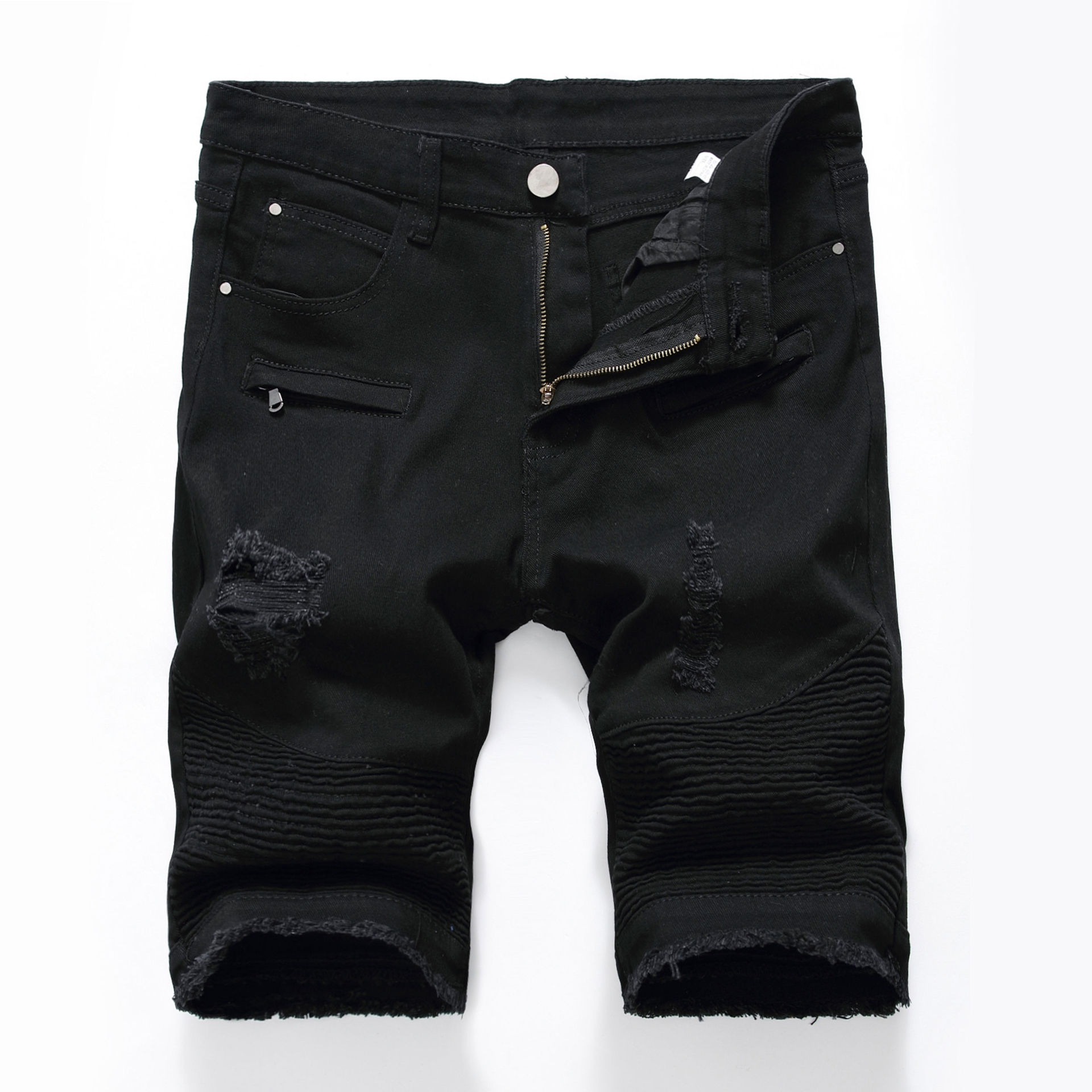 Comercio exterior de los hombres High Street zipper Stretch Slim casual Denim blanco negro shorts grab ripped pantalones del medio