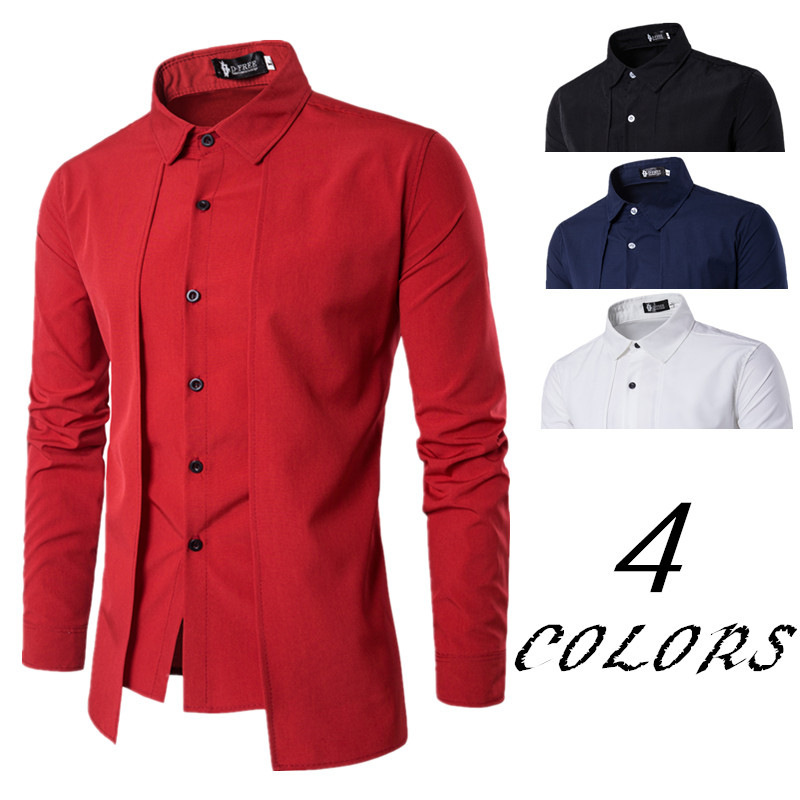 AliExpress Wish New Men's Fake Two-piece Double Placket Slim-fit Long-sleeved Shirt European Station Men's Thin Shirt