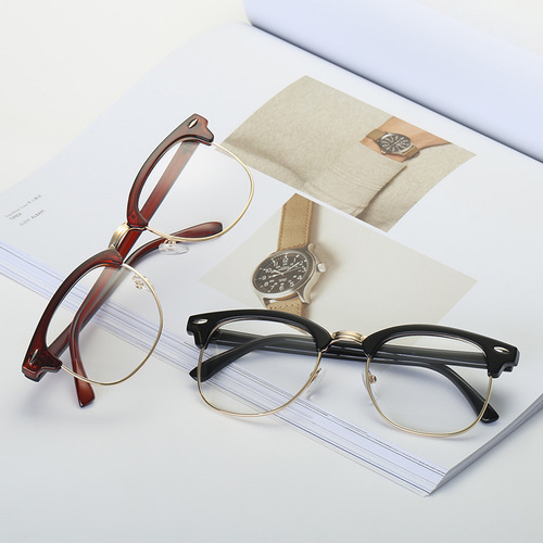 Cross-border anti-blue light flat mirror half-frame retro rice nail anti-blue light glasses UV black gold eye frame
