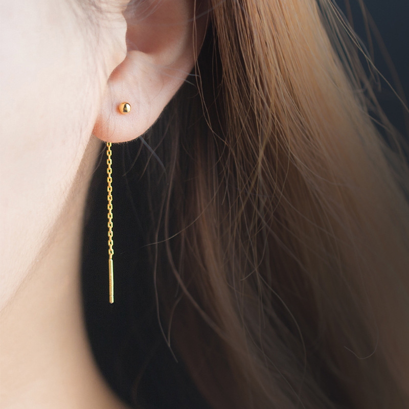S925 línea de trella de plata simple pendientes de perlas de luz lindos oro pequeñas bolas de plata frijoles para orejas pendientes de orejas E5291
