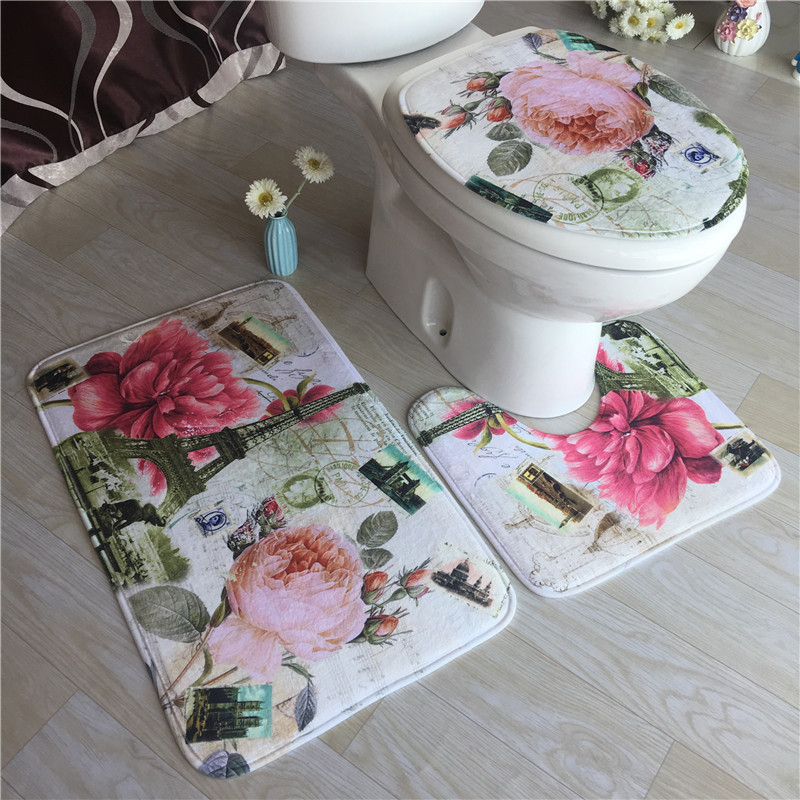 Flannel printed bathroom absorbent non-slip floor mat toilet mat three-piece bathroom floor mat home carpet door mat