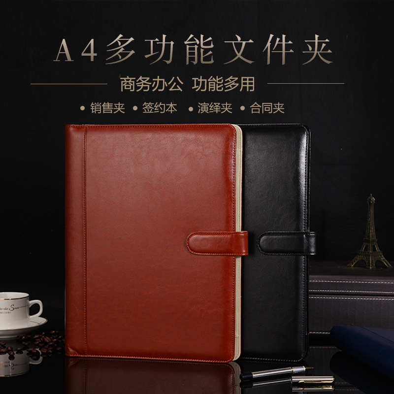 A4 carpeta multifuncional de cuero de hojas sueltas con calculadora de negocios gerente clip de oficina de ventas pin clip