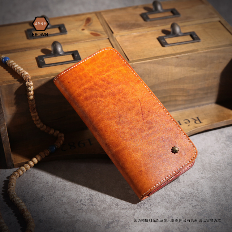 Canción de ballena Nuevo retro hecho a mano primera capa piel de vaca crisantemo Cartera de uñas hombres largo vegetal curtido cuero estilo japonés larga cartera