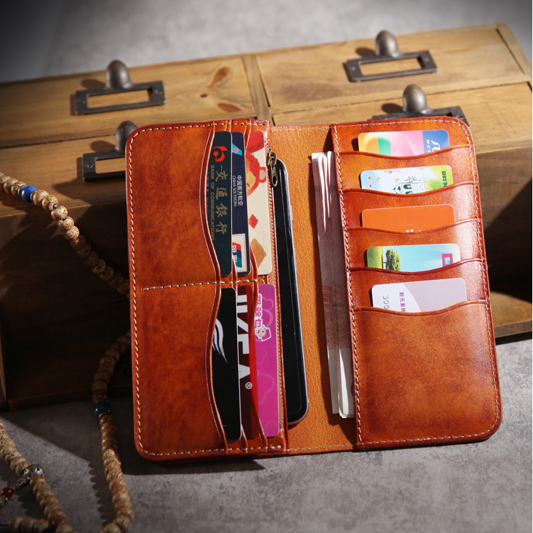 Canción de ballena Nuevo retro hecho a mano primera capa piel de vaca crisantemo Cartera de uñas hombres largo vegetal curtido cuero estilo japonés larga cartera