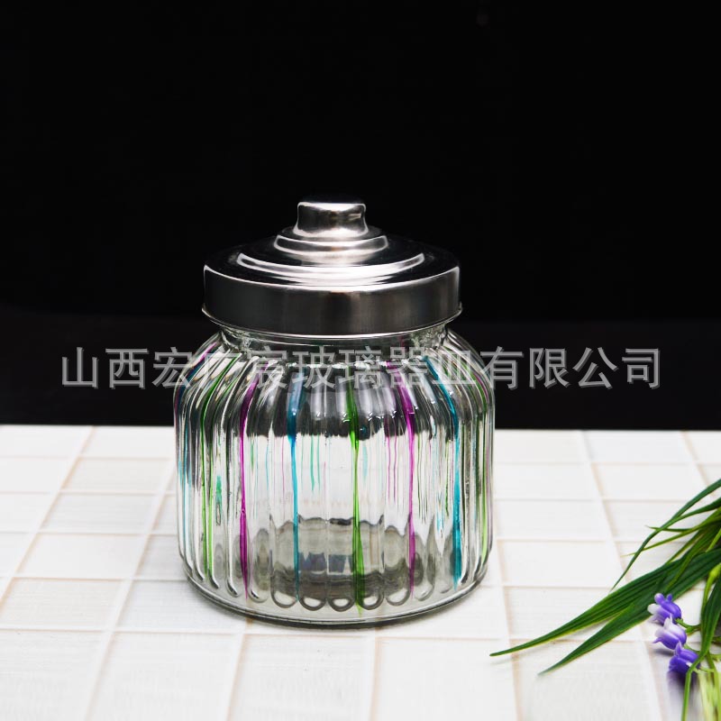 彩色竖条纹玻璃罐 厨房玻璃储物罐 食品茶叶密封罐 干果糖果罐