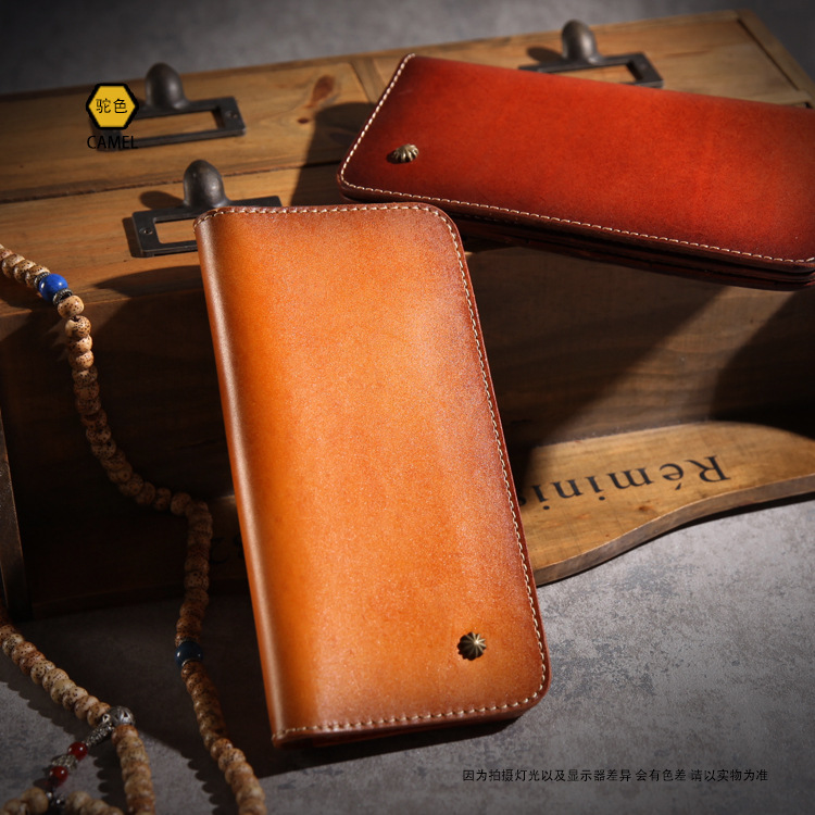 Canción de ballena Nuevo retro hecho a mano primera capa piel de vaca crisantemo Cartera de uñas hombres largo vegetal curtido cuero estilo japonés larga cartera