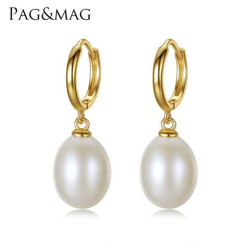 PAG&MAG sterling silver freshwater pearl earrings 925 silver 9-10 meters pearl women's pearl earrings high-end earrings