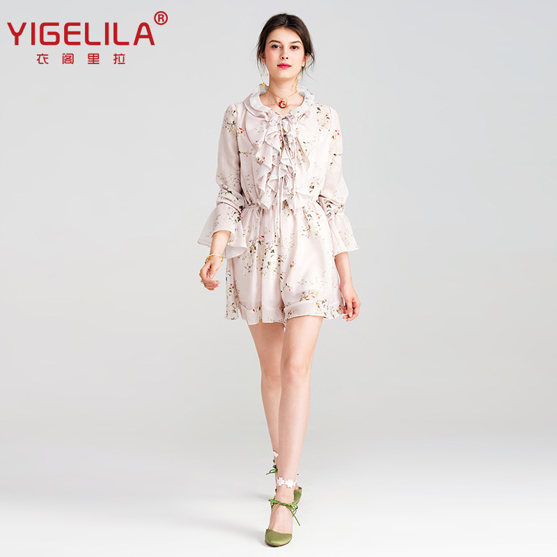 YIGELILA summer new lace-up waist slim jumpsuit women's chiffon printed casual pants women 5469