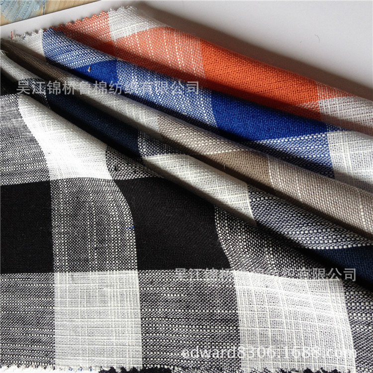 纯亚麻色织布21*17斜纹提花条纹牛津纺青年布苎麻棉格子衬衫面料