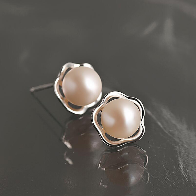 韩版925纯银耳钉 花形天然珍珠耳钉女 女优雅耳环简约时尚银耳饰