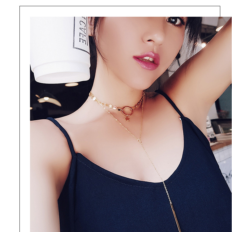 日韩国韩版欧美混搭星星亮片层次感锁骨颈链 项链 女脖子饰品