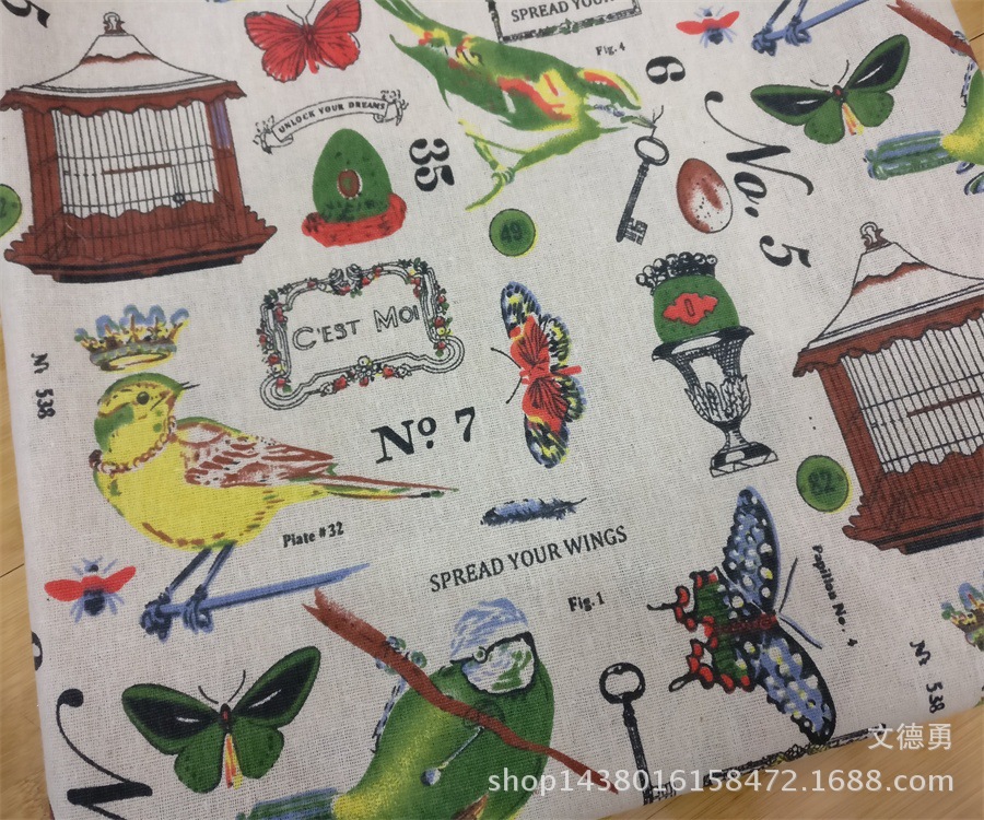 实力厂家批发 棉麻布 亚麻面料 棉麻印花 喜鹊 桌布 靠垫