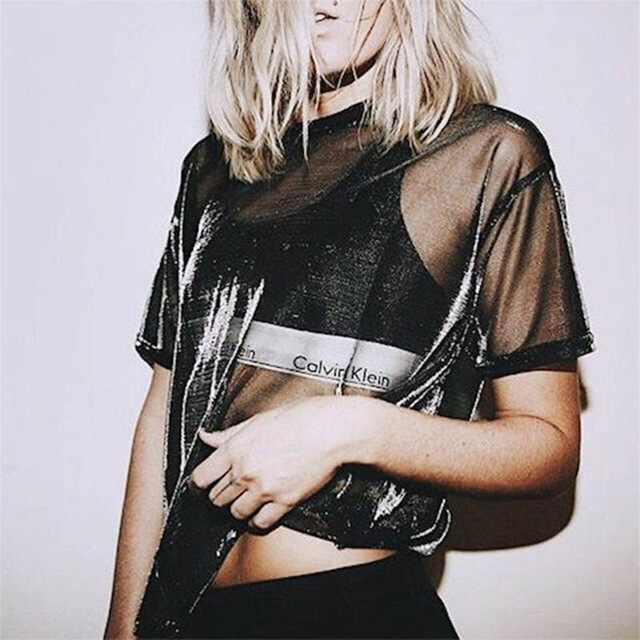 Primavera 2023 Nueva estación europea AliExpress Comercio exterior Venta caliente malla transparente cuello redondo manga corta Camiseta para las mujeres
