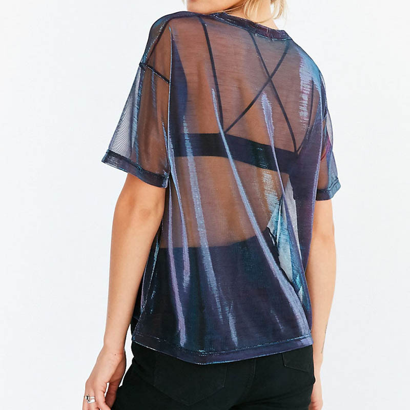 Primavera 2023 Nueva estación europea AliExpress Comercio exterior Venta caliente malla transparente cuello redondo manga corta Camiseta para las mujeres