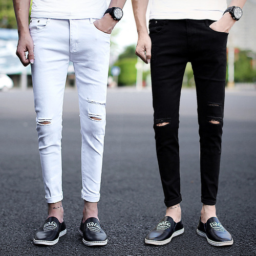 Men's slim fit black ripped jeans with small ankle for teenagers