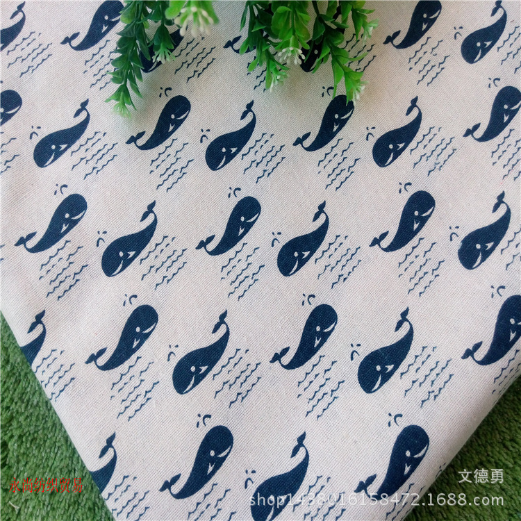 棉麻面料 白底小鲸鱼 桌布 抱枕 工艺品布