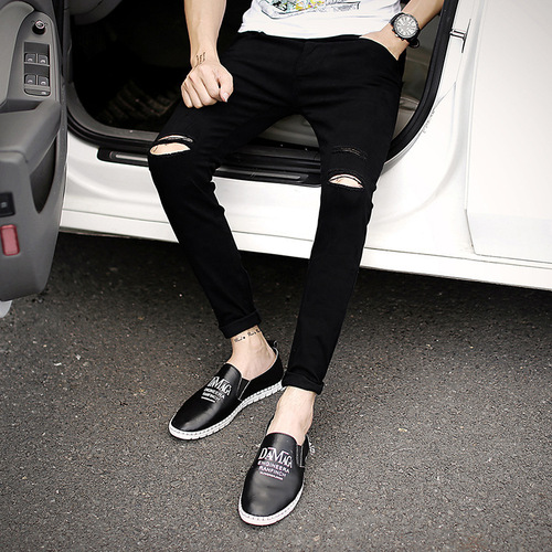 Men's slim fit black ripped jeans with small ankle for teenagers