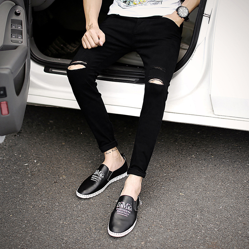 Ripped Knee Jeans Men's Small Foot Teenager Slim-fit Slim-fit Black Pants Tight Ripped Men's Pants