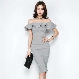 跨境连衣裙2024夏季韩版新品修身格纹一字领包臀铅笔裙一件代发女