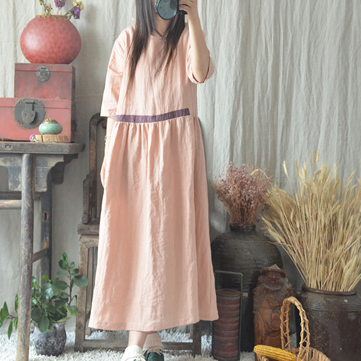 Original Cotton and Linen Dress Summer Ramie Loose Three-point Sleeve Round Neck Forest Style Women's Dress Contrast Color Art Dress Original Cotton and Linen Dress Summer Ramie Loose Three-point Sleeve Round Neck Forest Style Women's Dress Contrast Color Art Dress