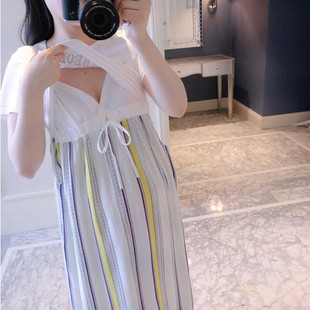 2023 Summer New Korean-style Maternity Dress Printed Stitching Color-blocking Striped Breast-feeding Dress